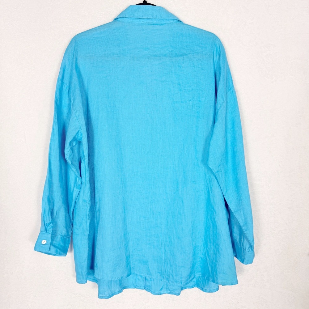 Magaschoni Womens 100% Linen Button Down Shirt Turquoise Blue Roll Tab Large - Picture 3 of 6